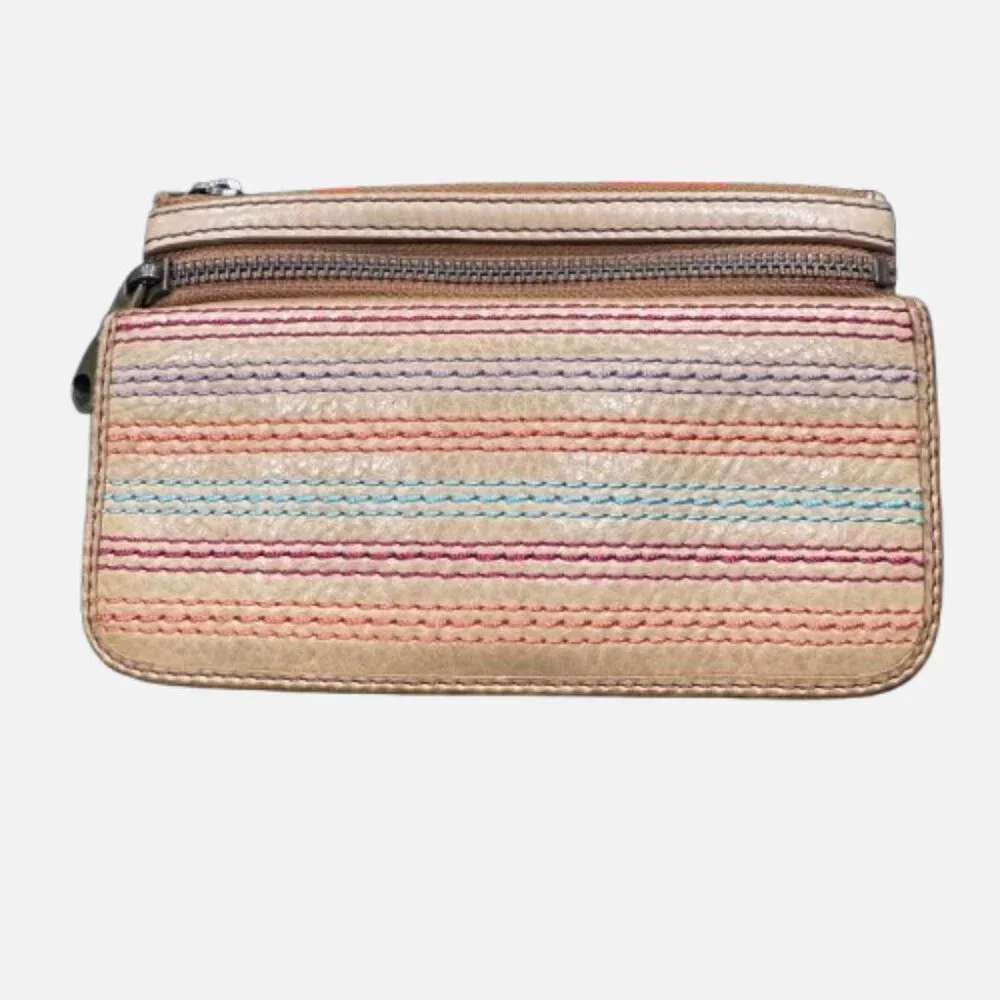 🗝Fossil Explorer Tan Leather Front Colored Stitch Accent Clutch Wallet YKK Zips